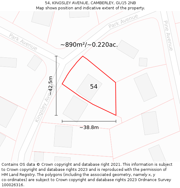 54, KINGSLEY AVENUE, CAMBERLEY, GU15 2NB: Plot and title map