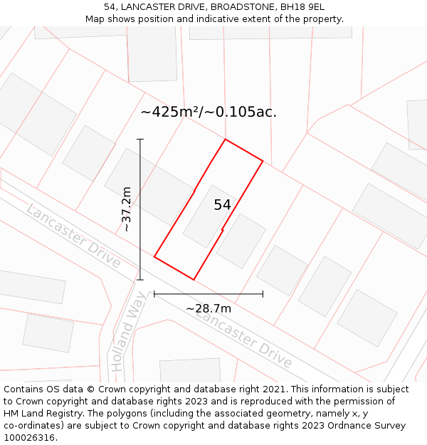 54, LANCASTER DRIVE, BROADSTONE, BH18 9EL: Plot and title map