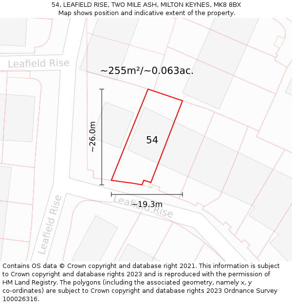 54, LEAFIELD RISE, TWO MILE ASH, MILTON KEYNES, MK8 8BX: Plot and title map