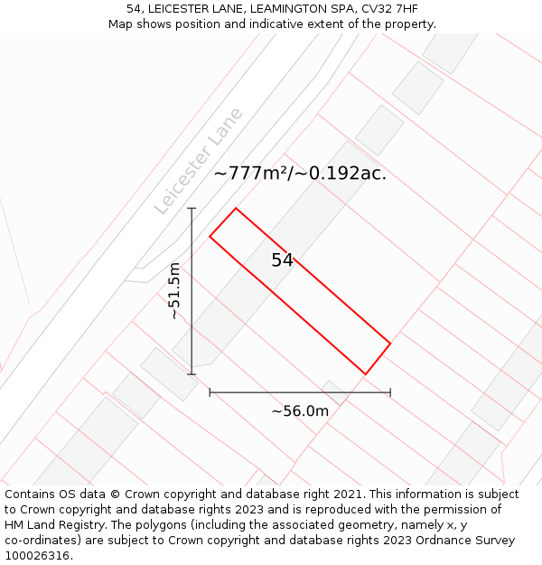 54, LEICESTER LANE, LEAMINGTON SPA, CV32 7HF: Plot and title map