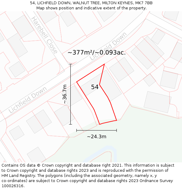 54, LICHFIELD DOWN, WALNUT TREE, MILTON KEYNES, MK7 7BB: Plot and title map