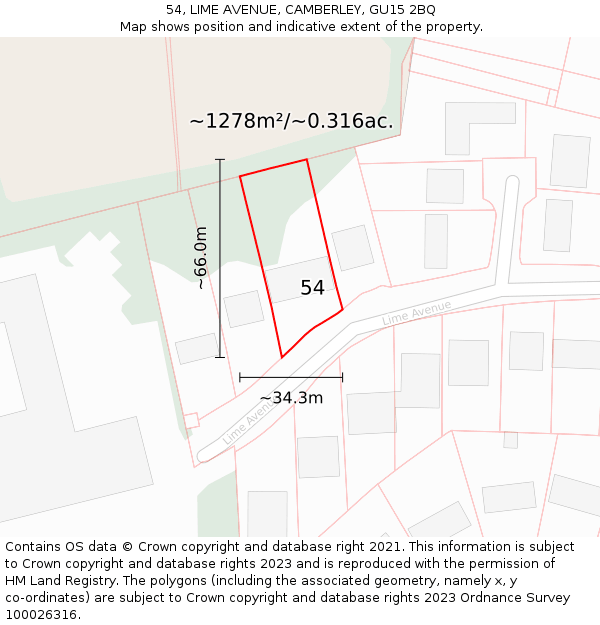 54, LIME AVENUE, CAMBERLEY, GU15 2BQ: Plot and title map