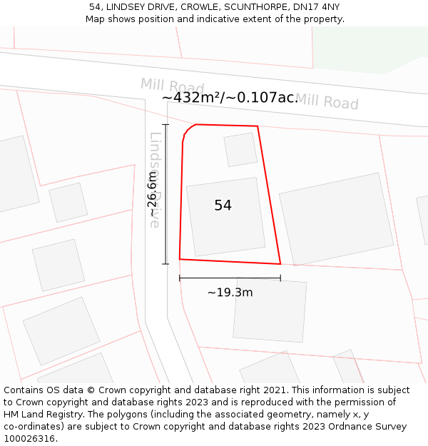 54, LINDSEY DRIVE, CROWLE, SCUNTHORPE, DN17 4NY: Plot and title map