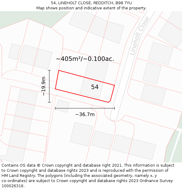 54, LINEHOLT CLOSE, REDDITCH, B98 7YU: Plot and title map