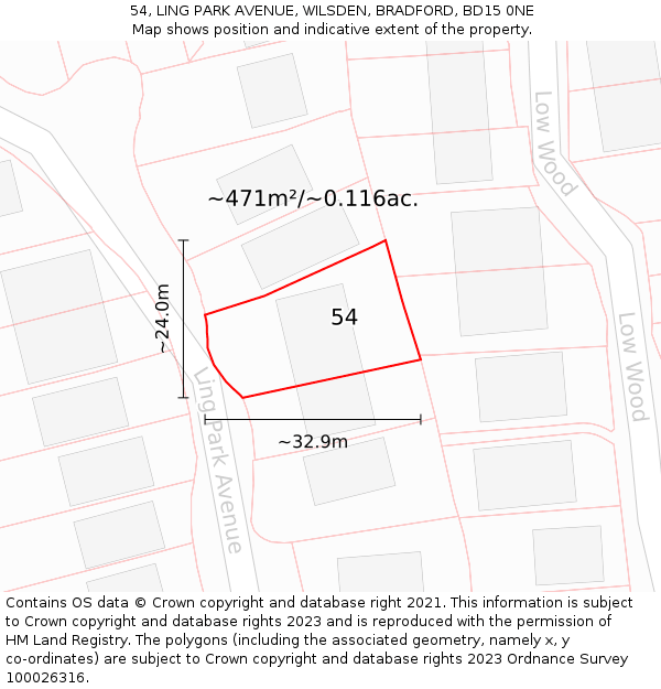 54, LING PARK AVENUE, WILSDEN, BRADFORD, BD15 0NE: Plot and title map