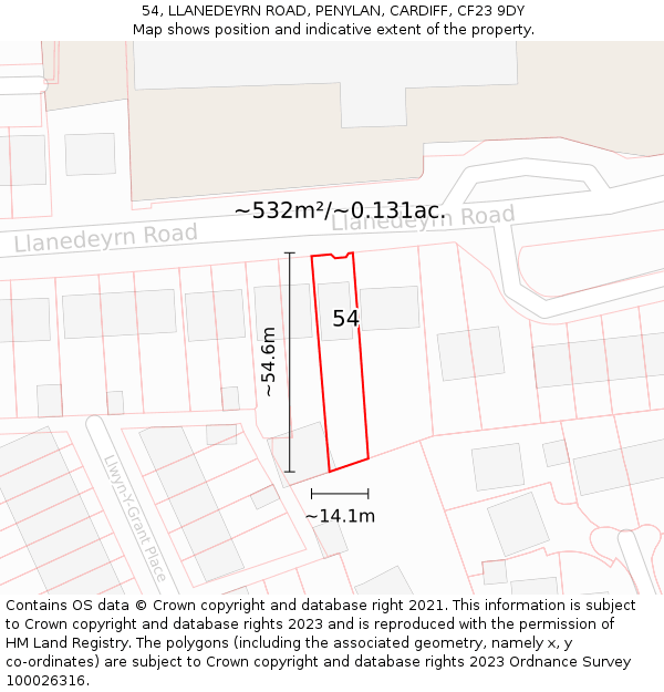 54, LLANEDEYRN ROAD, PENYLAN, CARDIFF, CF23 9DY: Plot and title map