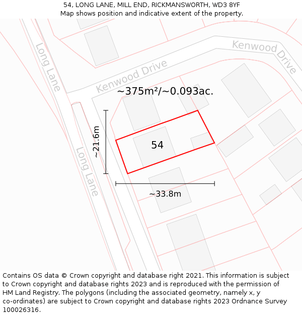 54, LONG LANE, MILL END, RICKMANSWORTH, WD3 8YF: Plot and title map