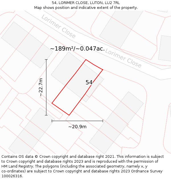 54, LORIMER CLOSE, LUTON, LU2 7RL: Plot and title map