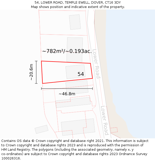 54, LOWER ROAD, TEMPLE EWELL, DOVER, CT16 3DY: Plot and title map