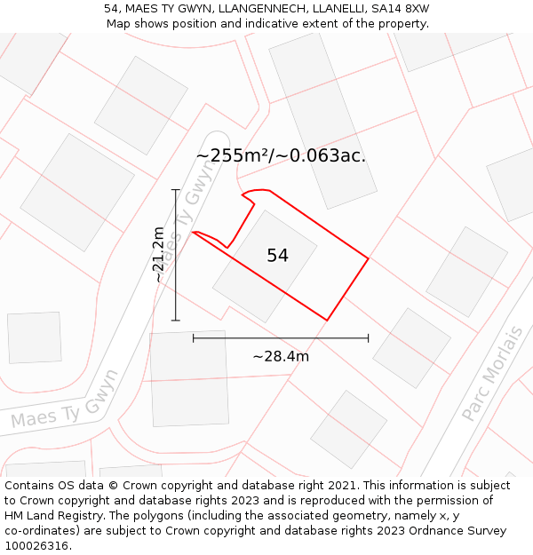 54, MAES TY GWYN, LLANGENNECH, LLANELLI, SA14 8XW: Plot and title map