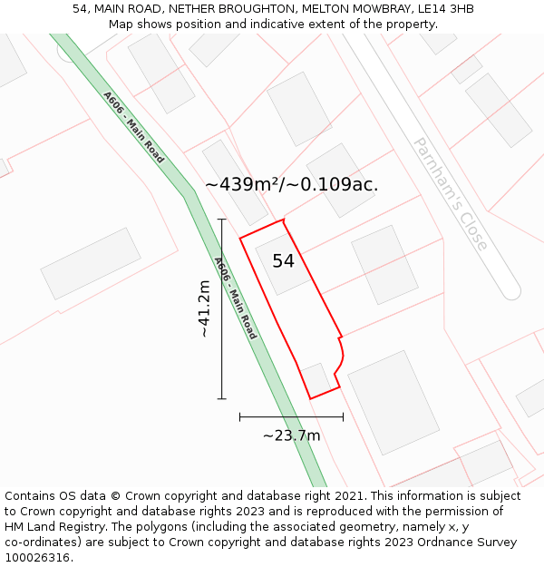 54, MAIN ROAD, NETHER BROUGHTON, MELTON MOWBRAY, LE14 3HB: Plot and title map