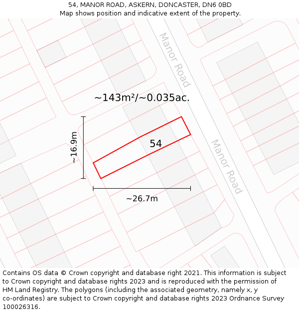 54, MANOR ROAD, ASKERN, DONCASTER, DN6 0BD: Plot and title map