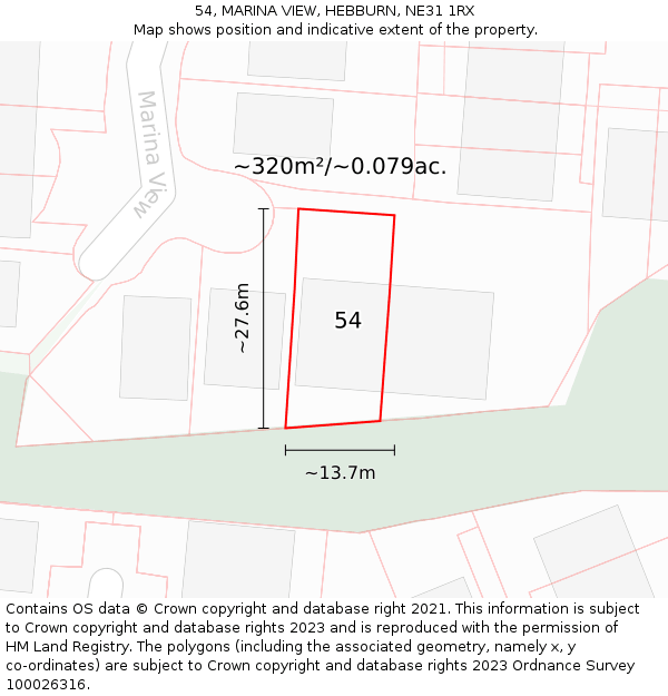 54, MARINA VIEW, HEBBURN, NE31 1RX: Plot and title map
