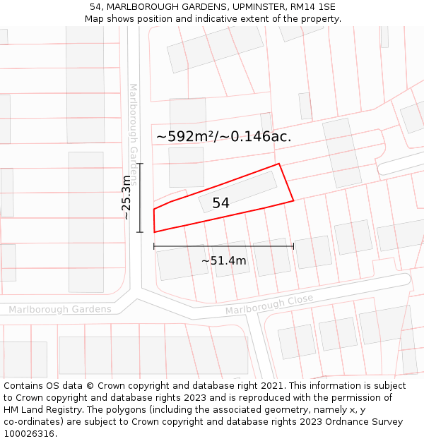 54, MARLBOROUGH GARDENS, UPMINSTER, RM14 1SE: Plot and title map