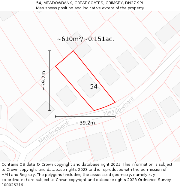 54, MEADOWBANK, GREAT COATES, GRIMSBY, DN37 9PL: Plot and title map