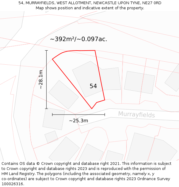 54, MURRAYFIELDS, WEST ALLOTMENT, NEWCASTLE UPON TYNE, NE27 0RD: Plot and title map