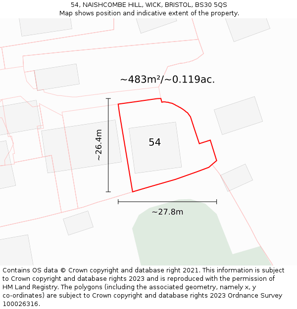 54, NAISHCOMBE HILL, WICK, BRISTOL, BS30 5QS: Plot and title map