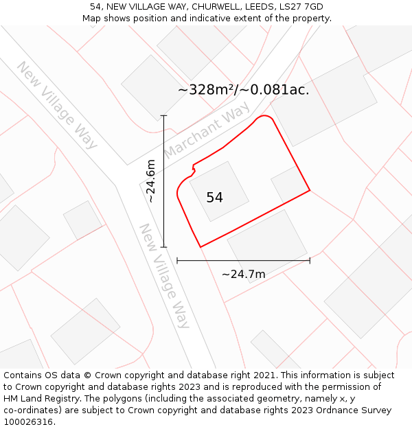 54, NEW VILLAGE WAY, CHURWELL, LEEDS, LS27 7GD: Plot and title map