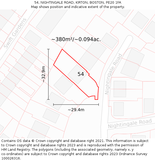 54, NIGHTINGALE ROAD, KIRTON, BOSTON, PE20 1FA: Plot and title map