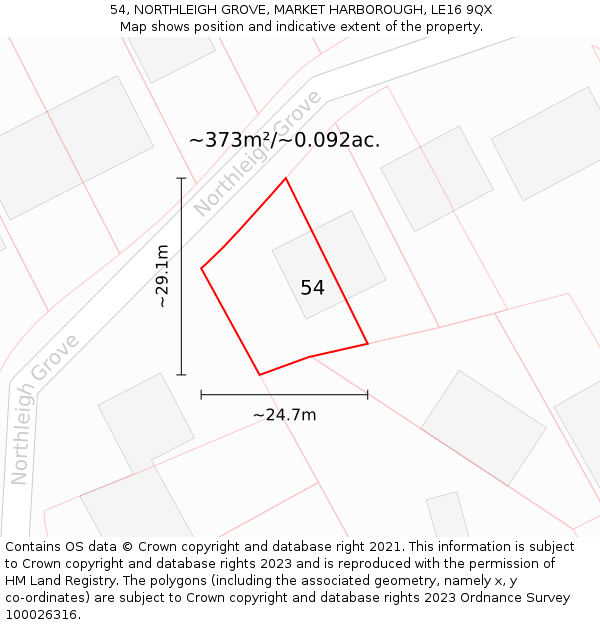 54, NORTHLEIGH GROVE, MARKET HARBOROUGH, LE16 9QX: Plot and title map