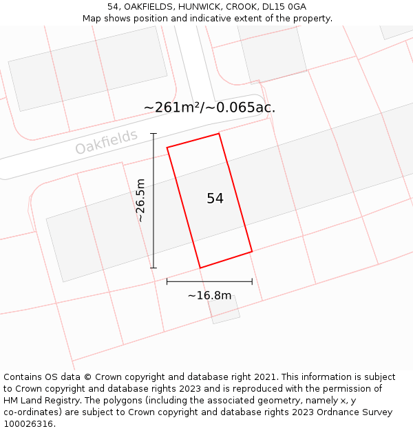 54, OAKFIELDS, HUNWICK, CROOK, DL15 0GA: Plot and title map