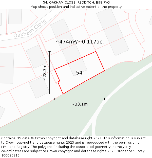 54, OAKHAM CLOSE, REDDITCH, B98 7YG: Plot and title map