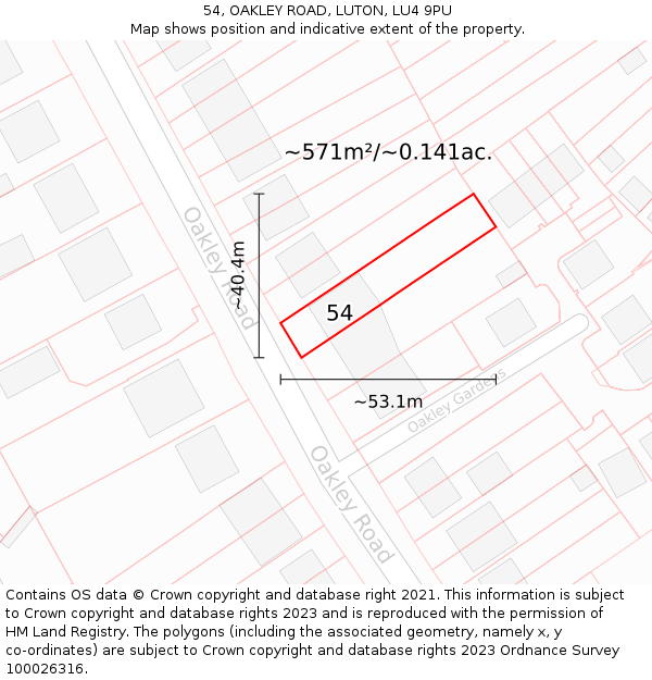 54, OAKLEY ROAD, LUTON, LU4 9PU: Plot and title map