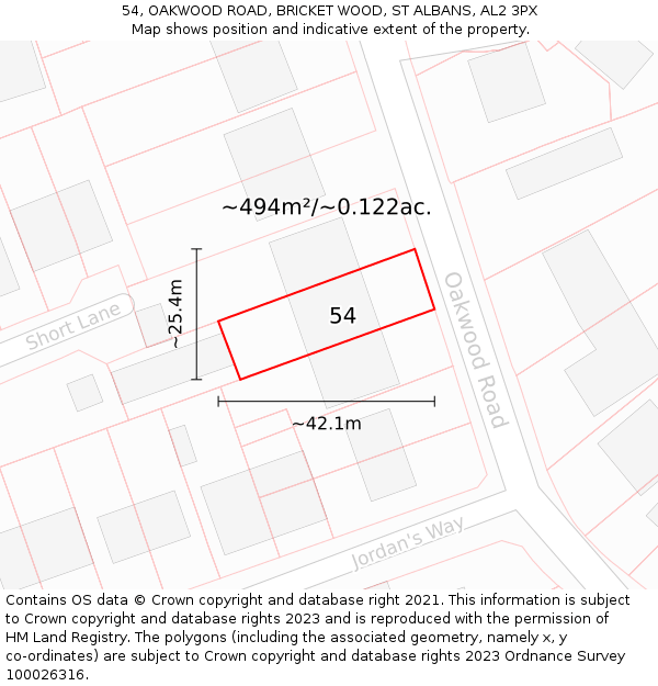 54, OAKWOOD ROAD, BRICKET WOOD, ST ALBANS, AL2 3PX: Plot and title map