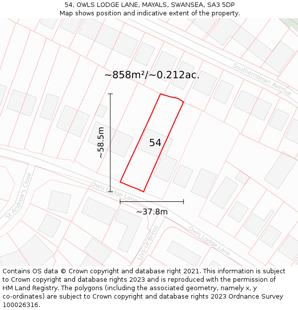 54, OWLS LODGE LANE, MAYALS, SWANSEA, SA3 5DP: Plot and title map