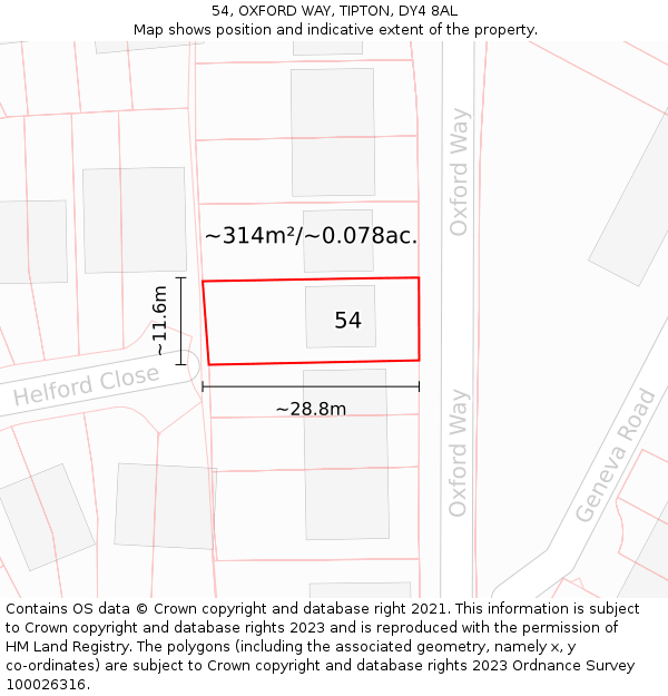 54, OXFORD WAY, TIPTON, DY4 8AL: Plot and title map