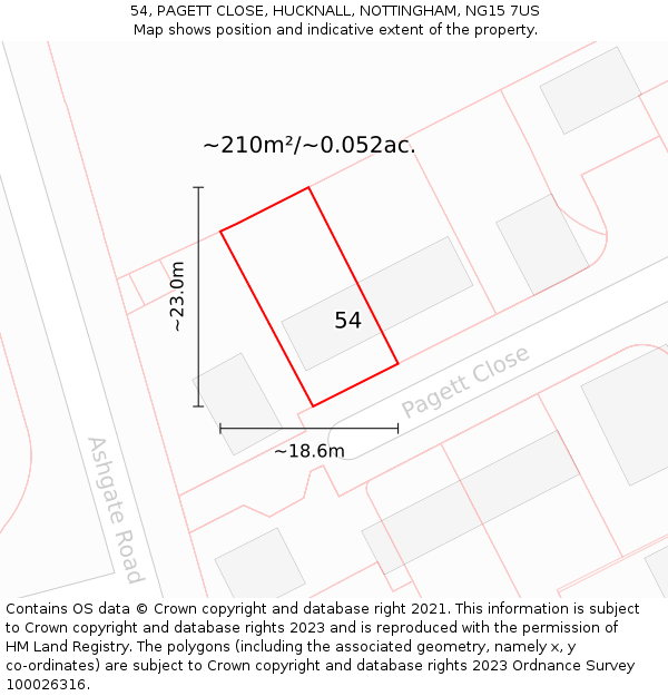 54, PAGETT CLOSE, HUCKNALL, NOTTINGHAM, NG15 7US: Plot and title map