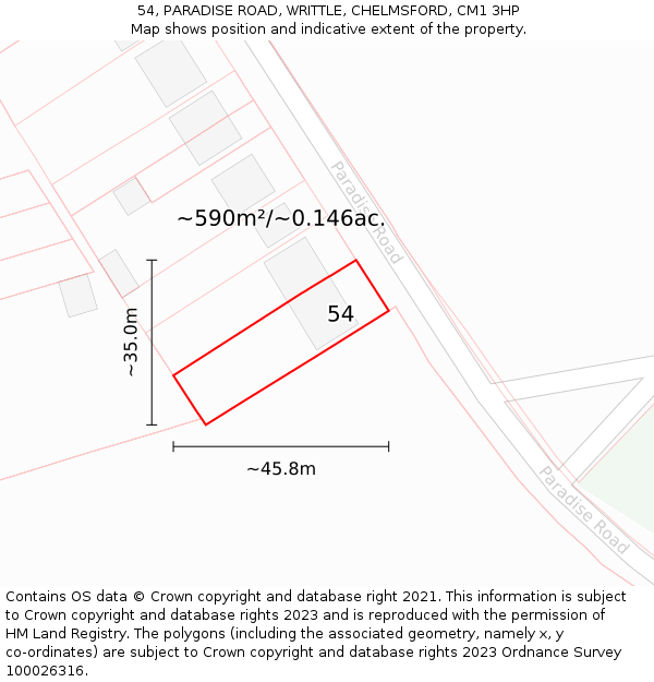 54, PARADISE ROAD, WRITTLE, CHELMSFORD, CM1 3HP: Plot and title map