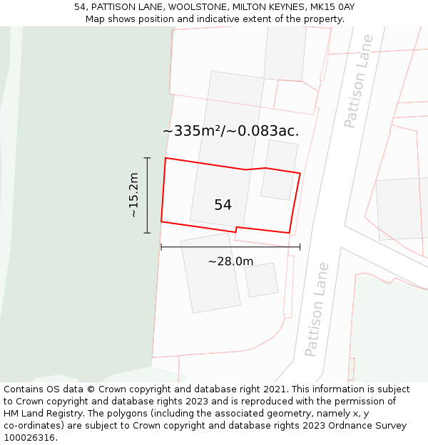 54, PATTISON LANE, WOOLSTONE, MILTON KEYNES, MK15 0AY: Plot and title map