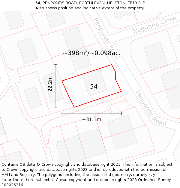 54, PENPONDS ROAD, PORTHLEVEN, HELSTON, TR13 9LP: Plot and title map