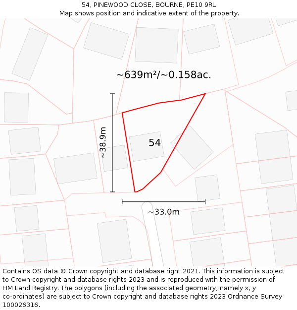 54, PINEWOOD CLOSE, BOURNE, PE10 9RL: Plot and title map