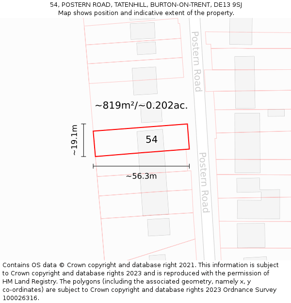 54, POSTERN ROAD, TATENHILL, BURTON-ON-TRENT, DE13 9SJ: Plot and title map