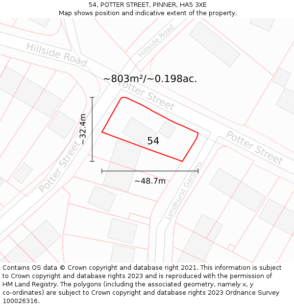 54, POTTER STREET, PINNER, HA5 3XE: Plot and title map