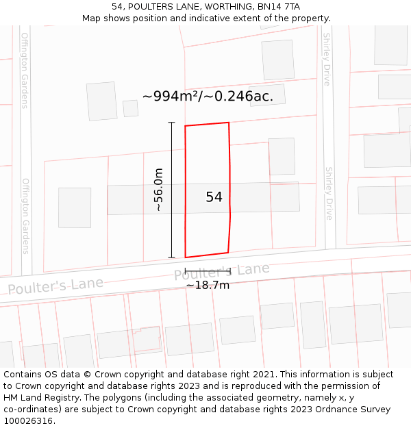 54, POULTERS LANE, WORTHING, BN14 7TA: Plot and title map