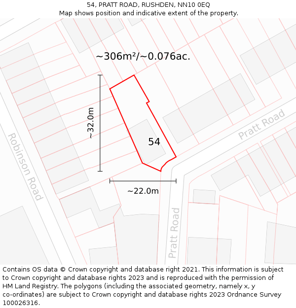 54, PRATT ROAD, RUSHDEN, NN10 0EQ: Plot and title map