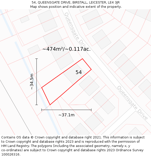 54, QUEENSGATE DRIVE, BIRSTALL, LEICESTER, LE4 3JR: Plot and title map