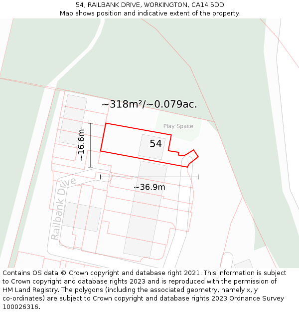 54, RAILBANK DRIVE, WORKINGTON, CA14 5DD: Plot and title map
