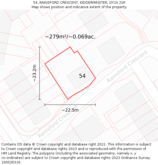 54, RAINSFORD CRESCENT, KIDDERMINSTER, DY10 2GF: Plot and title map