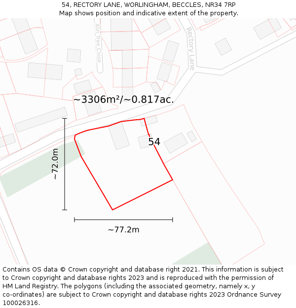 54, RECTORY LANE, WORLINGHAM, BECCLES, NR34 7RP: Plot and title map