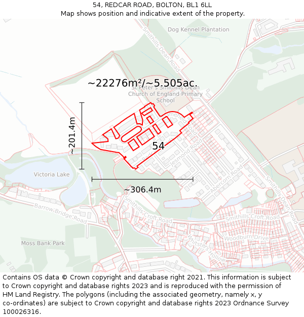 54, REDCAR ROAD, BOLTON, BL1 6LL: Plot and title map