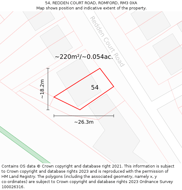54, REDDEN COURT ROAD, ROMFORD, RM3 0XA: Plot and title map