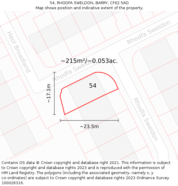 54, RHODFA SWELDON, BARRY, CF62 5AD: Plot and title map