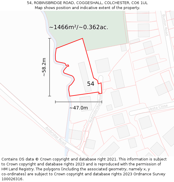 54, ROBINSBRIDGE ROAD, COGGESHALL, COLCHESTER, CO6 1UL: Plot and title map