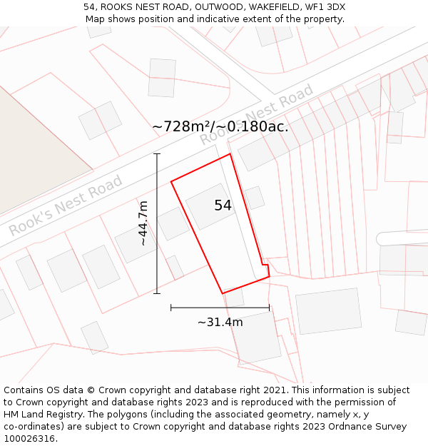 54, ROOKS NEST ROAD, OUTWOOD, WAKEFIELD, WF1 3DX: Plot and title map