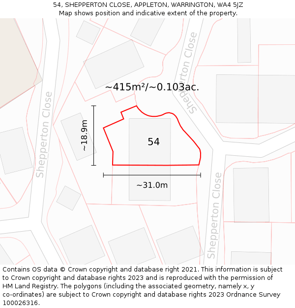 54, SHEPPERTON CLOSE, APPLETON, WARRINGTON, WA4 5JZ: Plot and title map