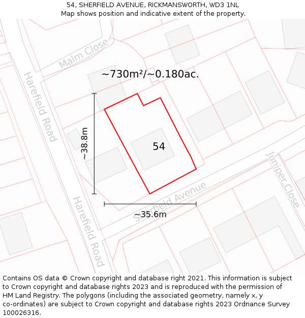 54, SHERFIELD AVENUE, RICKMANSWORTH, WD3 1NL: Plot and title map